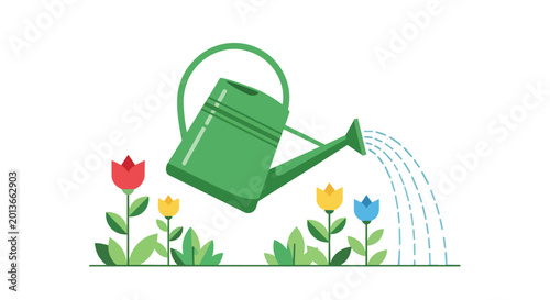 Spring gardening illustration with a green watering can pouring water over colorful tulip flowers in a garden.