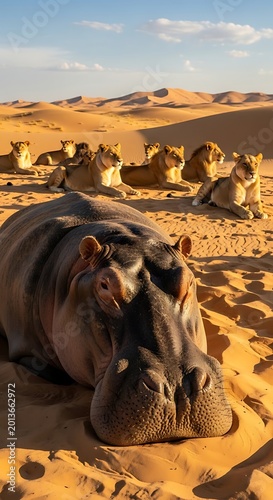 Hippo rests in desert foreground, lions lounge on dunes under clear sky