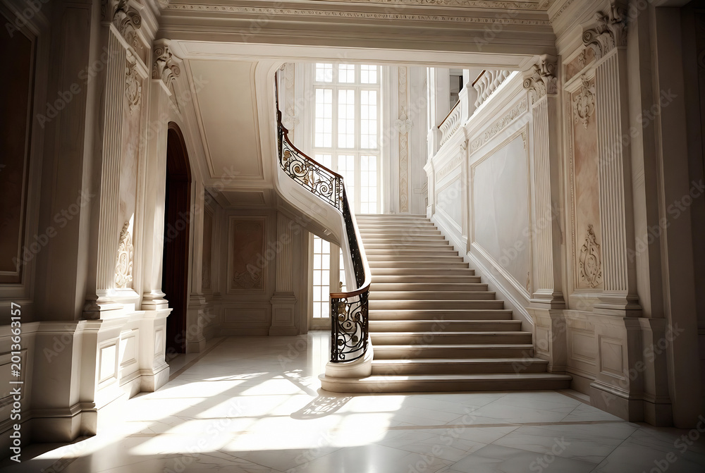 Fototapeta premium A grand, marble staircase dominates a luxurious, empty interior of an opulent building.