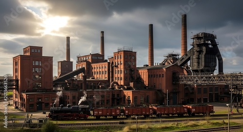 Historic brick industrial complex with steam train and loaded cargo cars under cloudy sky
