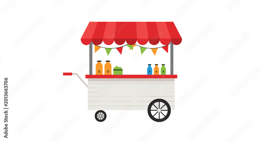 Obraz premium Mobile street food stall with a red and white awning sells refreshing juices and snacks in colorful bottles on a simple white backdrop for events.
