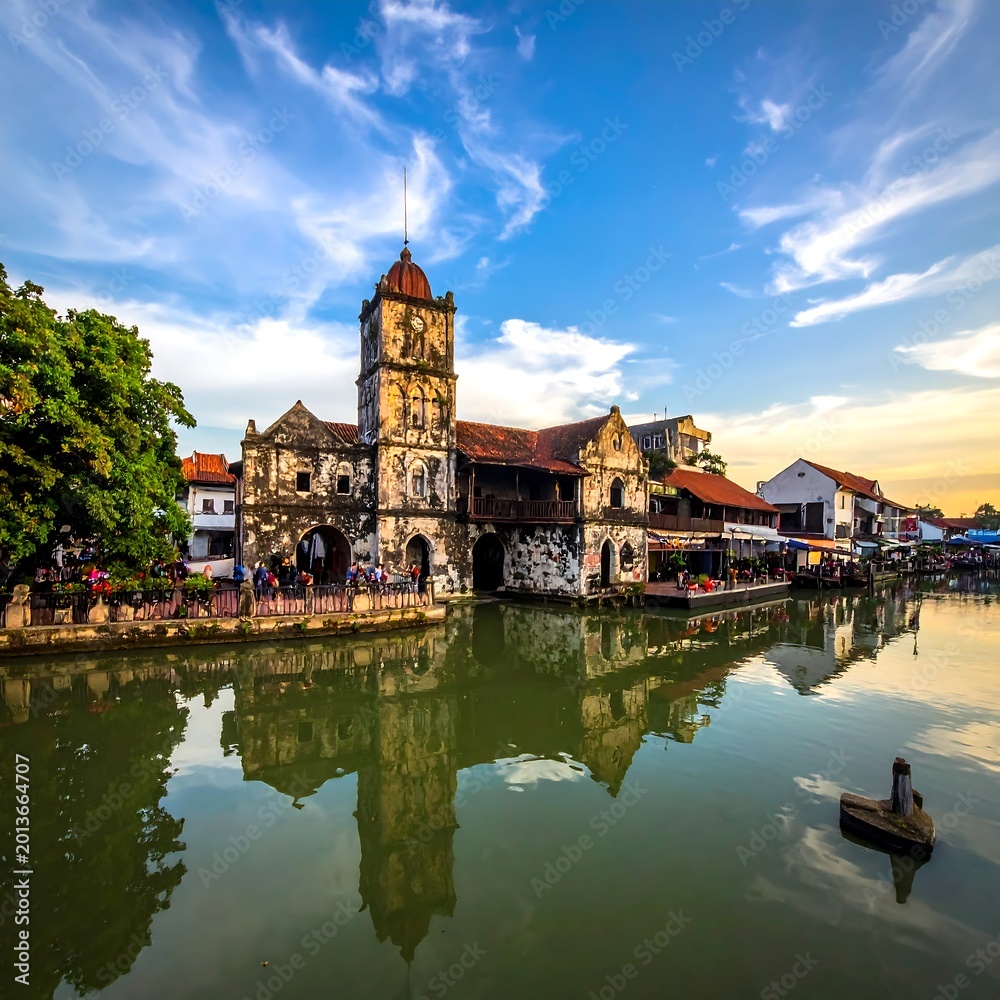 Obraz premium Historic architecture reflected in calm water under a vibrant sky at sunset