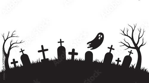 Silhouette of a spooky graveyard with tombstones, bare trees, and a ghost, perfect for halloween designs