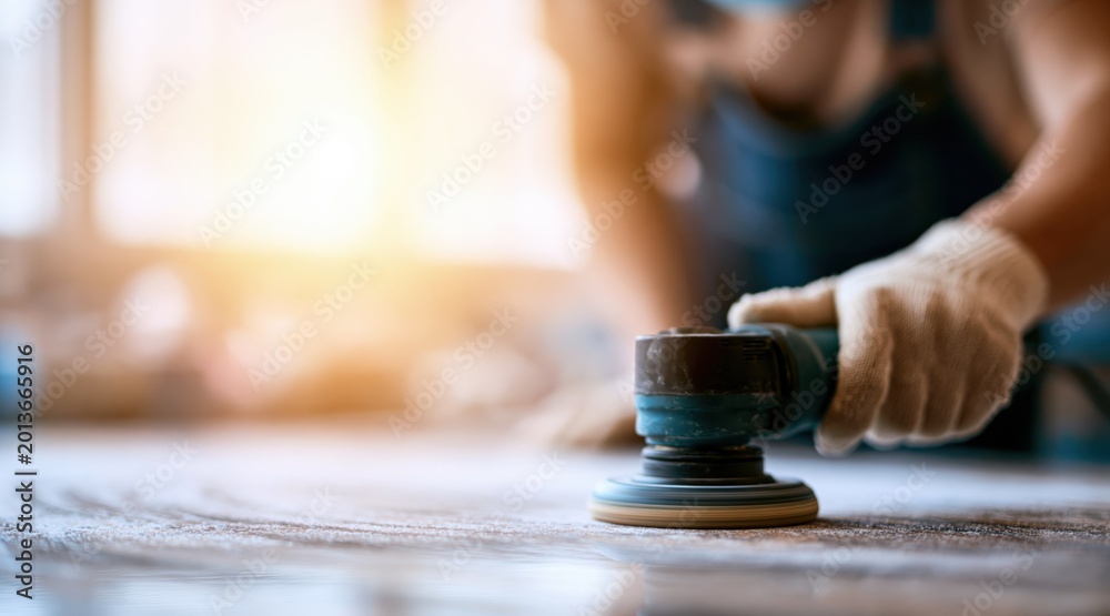 Obraz premium worker hand using electric sander tool on wooden surface in sunny workshop