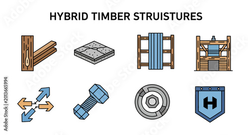 Photos Eight icons representing hybrid timber construction methods and components with