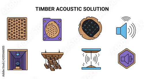 Bild auf Leinwand Eight timber acoustic solution icons including wood panels sound baffles diffusi