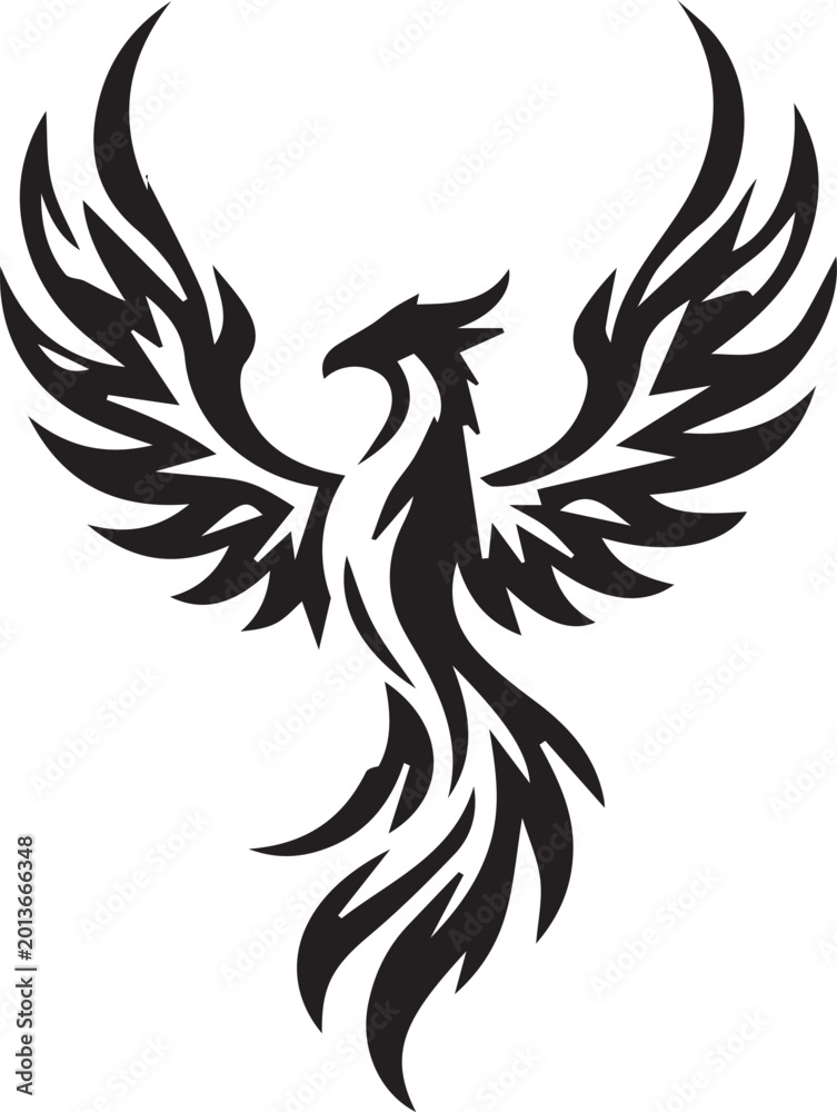 Fototapeta premium Phoenix bird tribal tattoo vector, mythical fire bird silhouette with spreading wings, black phoenix mascot logo for gaming and sports branding