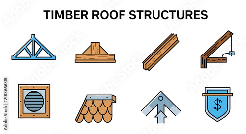 Bild auf Leinwand Vector icons illustrating various timber roof structures, components, and related elements like trusses, beams, shingles, and vents for construction and architecture projects