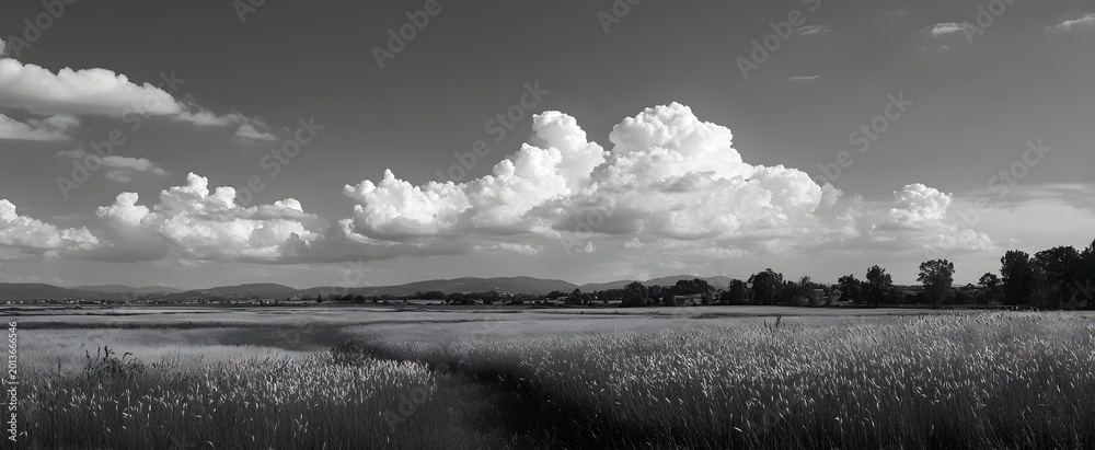 Fototapeta premium The expansive field lies vast beneath a gloomy and overcast cloudy sky