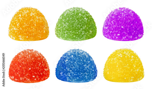 Set of delicious colorful sugar coated jelly candies, isolated on cutout transparent background