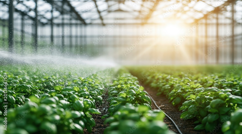Fototapeta premium Watering young basil plants in sunlit greenhouse