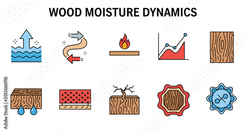 Fényképezés Wood moisture dynamics infographic displaying icons for swelling shrinking moist