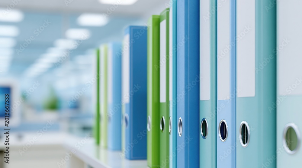 Fototapeta premium Row of colorful ring binders on shelf in blurred office interior
