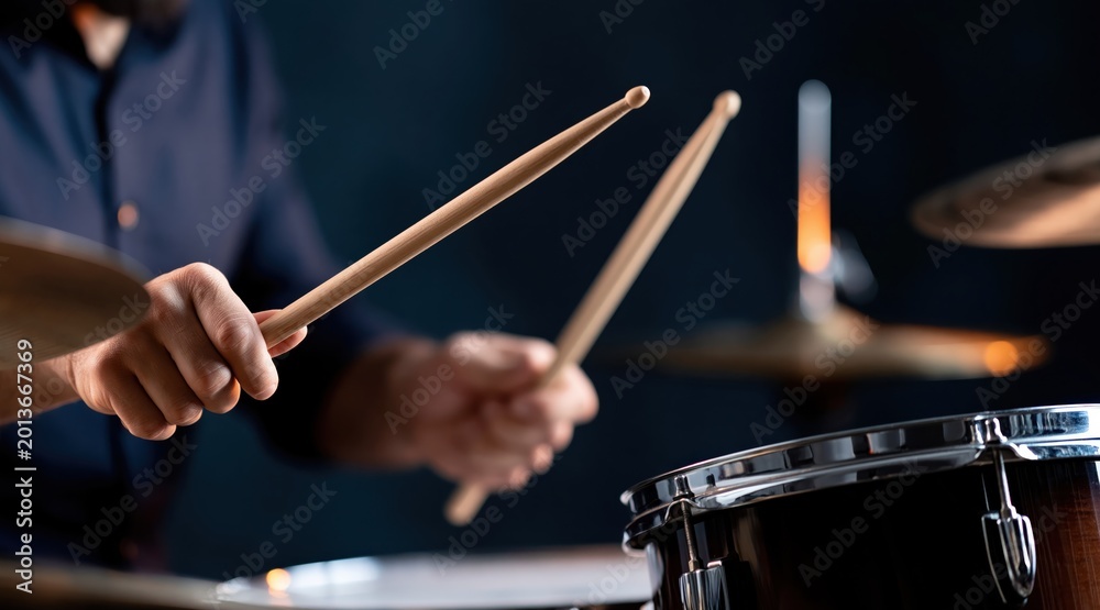 Naklejka premium close up of drummer hands holding wooden drumsticks over snare drum in dark studio