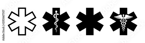 Medical Star of Life Symbols, Caduceus & Serpent Icons, Emergency Health Care Graphics, Black and White Vector Set