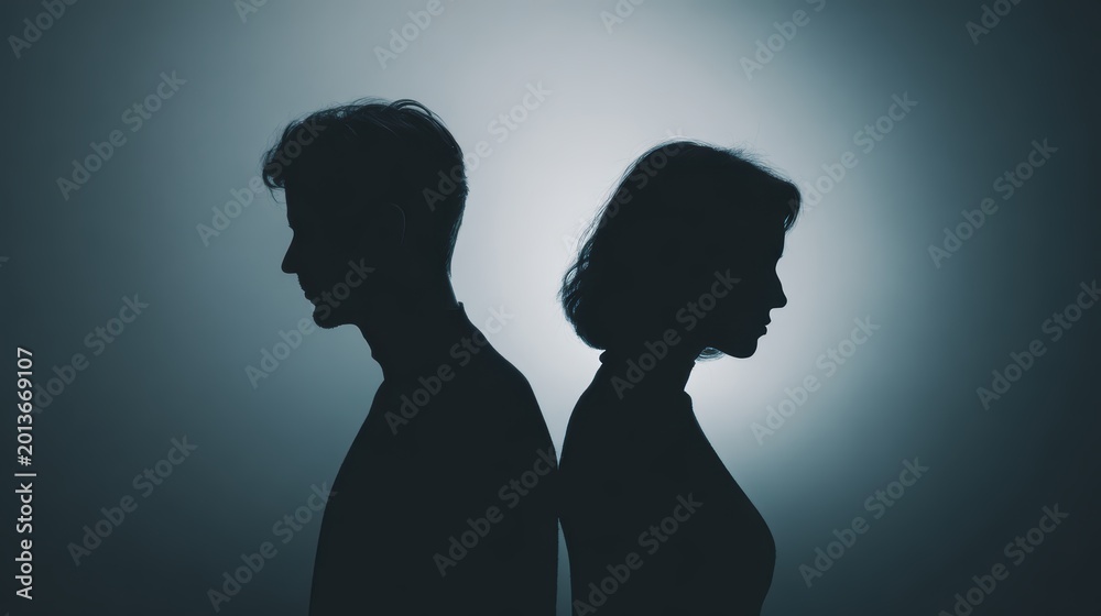 Fototapeta premium Silhouette of couple standing back to back with subtle distance between bodies expressing emotional tension and unresolved conflict. Marital discord and relationship breakdown for counseling concept.