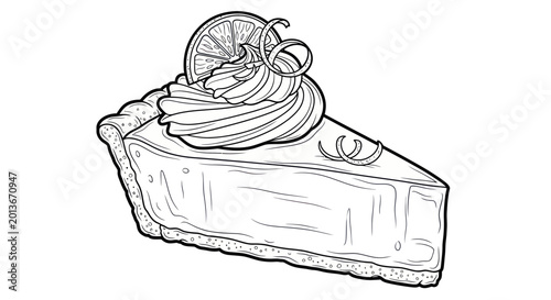 Slice of Key Lime Pie with Whipped Cream and Citrus Garnish - Line Art