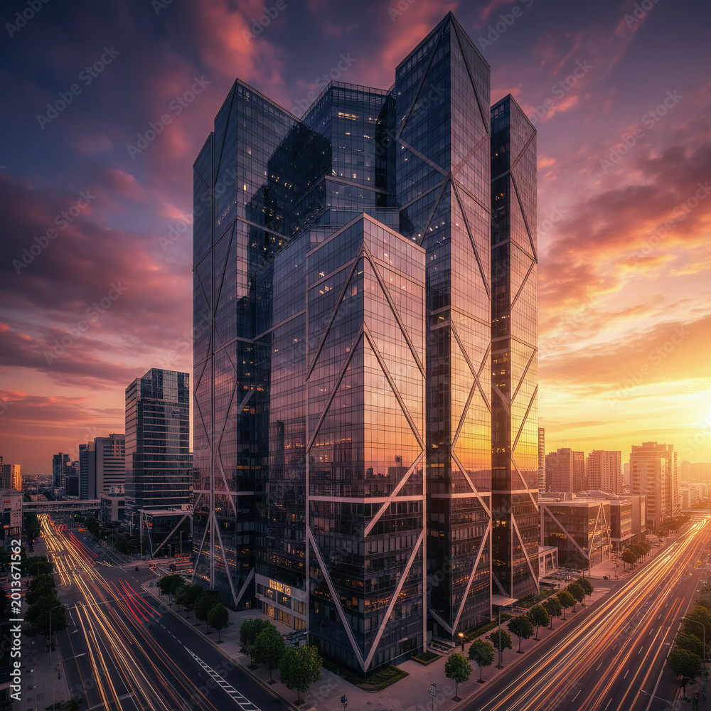 Obraz premium Modern office building exterior with glass windows reflecting the clouds