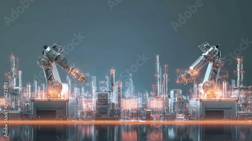 Futuristic Industrial Robots Performing Precision Tasks in a High-Tech Workshop Environment at Night