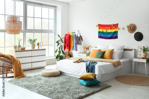 Interior of light bedroom w...