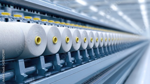 Close-up of Spools of Thread on Industrial Textile Machine in Modern Fabric Manufacturing Facility
