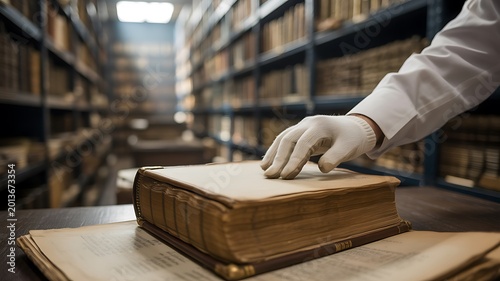 Person in white glove rests hand on large antique book in old library