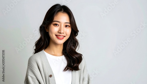 Smiling, brown-haired woman with a neutral cardigan on a light gray background, looking toward viewer