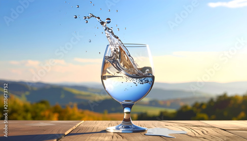 Crystal Clear Water Splashing in a Glass Against a Scenic Landscape.