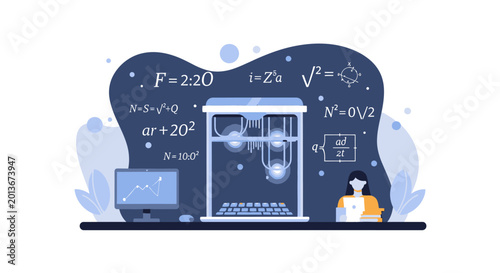 Woman scientist using a 3D printer for research and engineering design. EPS Editable. Vector Illustrations.