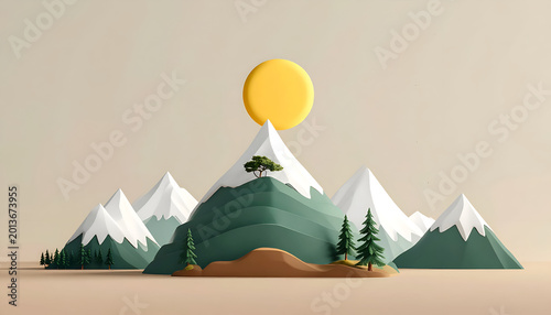 Stylized 3D Mountain Landscape with Sun and Trees.