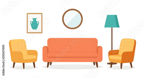 modern living room interior illustration, contemporary sofa and armchairs vector, stylish home furniture design, cozy lounge room graphic, elegant apartment interior artwork, modern home decor illustr