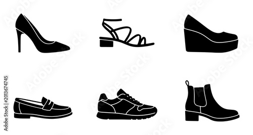 Photos Diverse Footwear Collection, Six Black Shoe Icons, Fashion Styles, Vector Graphi