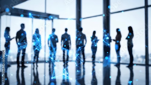 Silhouette of professional business people standing in modern office with blue digital network graphics, symbolizing global networking and representing digital transformation in workspace
