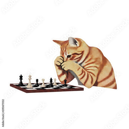 A curious orange cat playing chess.