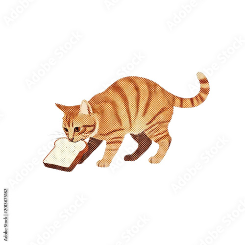 An orange tabby cat eating toast.