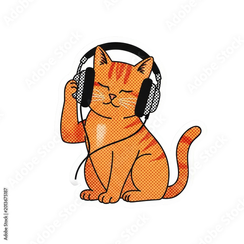An orange cat wearing headphones and enjoying music.