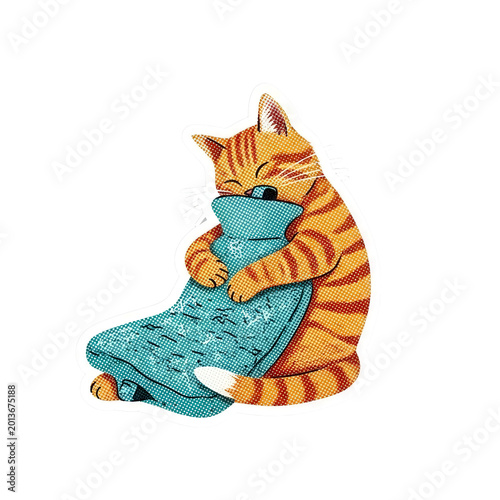 A cute orange cat hugging a pillow.