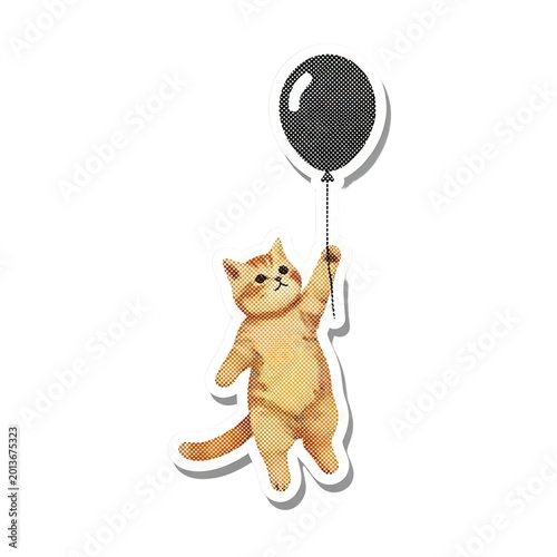 An adorable orange cat flying with balloon.