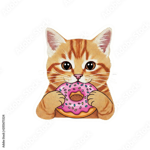 Cute orange cat eating pink donut.