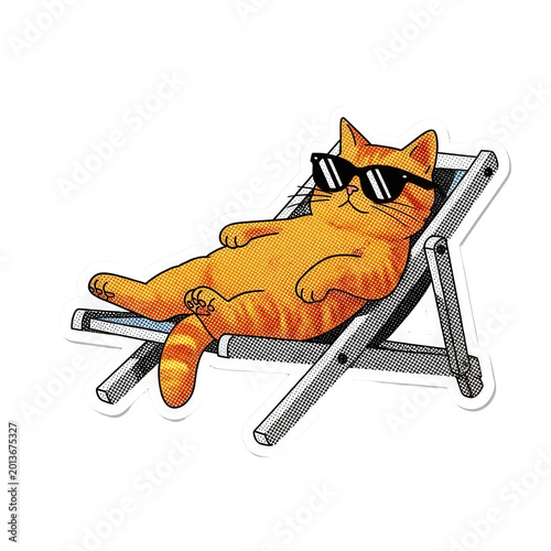 Relaxed orange cat on beach chair.