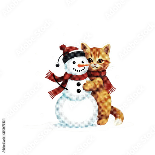 A cute orange cat hugs a snowman.