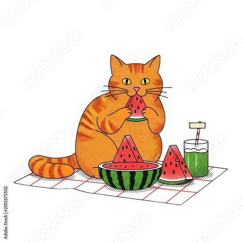 Cartoon cat eating watermelon slices outdoors.