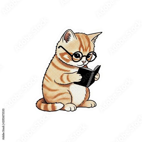 A cute orange tabby cat wearing glasses reading a book.