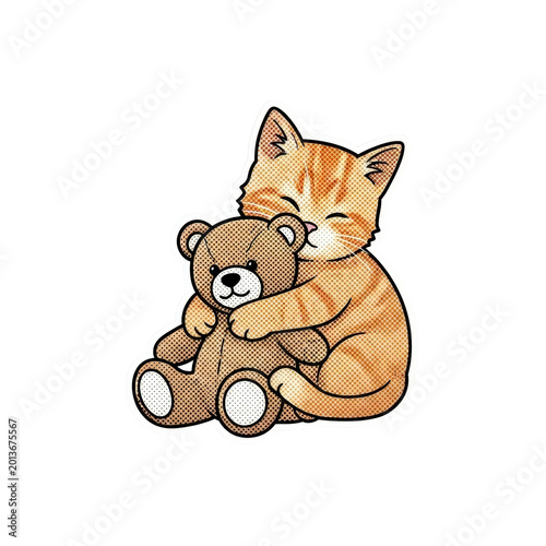 Cute orange cat hugging teddy bear.