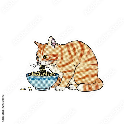 An orange tabby cat eating from bowl.