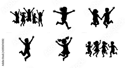 Joyful Children Jumping Silhouettes, Diverse Group Poses, Energetic Kids Celebration Vector Set, Childhood Fun and Freedom