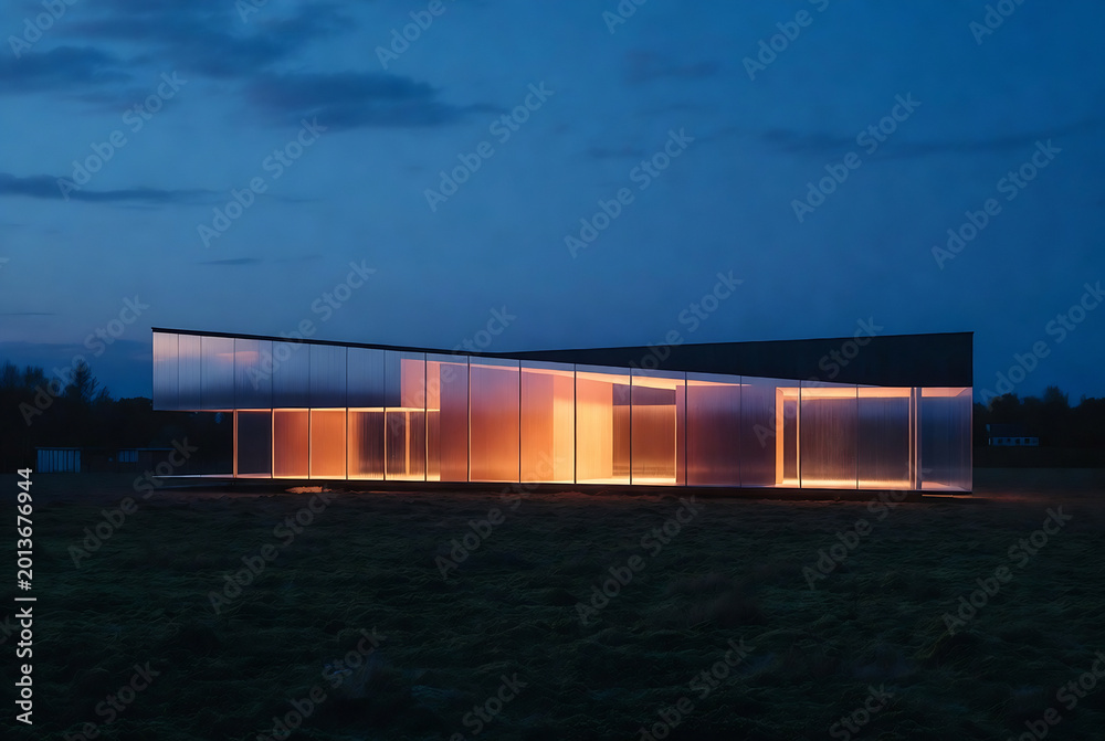 Obraz premium A modern building with extensive glass windows is illuminated against a twilight sky. It appears to be a rural location, possibly a remote estate or house.