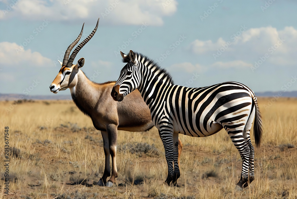 Fototapeta premium Two zebras and a greater kudu stand in an African savanna landscape under a blue sky.