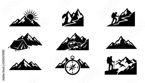 Bild auf Leinwand Mountain Adventure Icons Set: Hiking, Camping, Off-Roading, and Exploration Graphics