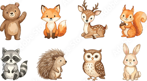 Photos Adorable Woodland Animal Vector Collection Featuring Cute Bear, Fox, Deer, Squir